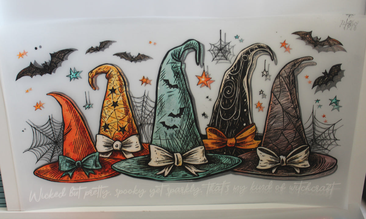 5 colored witches hats.