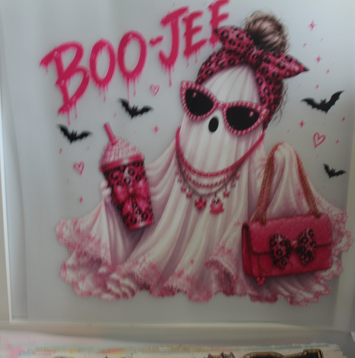 Boo-Jee Ghost with Drink and pink purse/