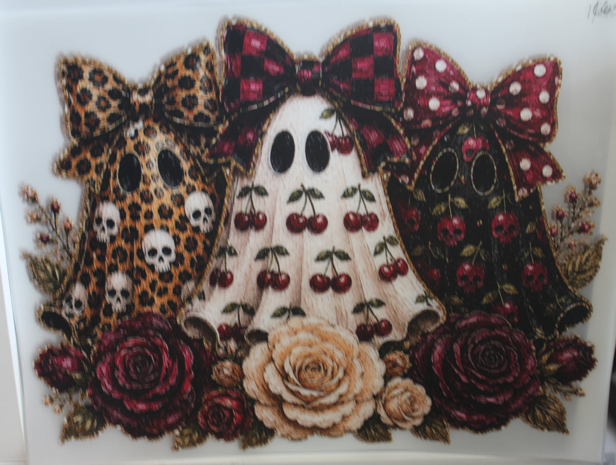 3 ghost with flowers and skulls, and Cherries