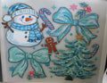 Snow man with blue bows and tree