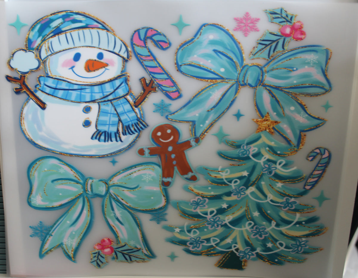 Snow man with blue bows and tree