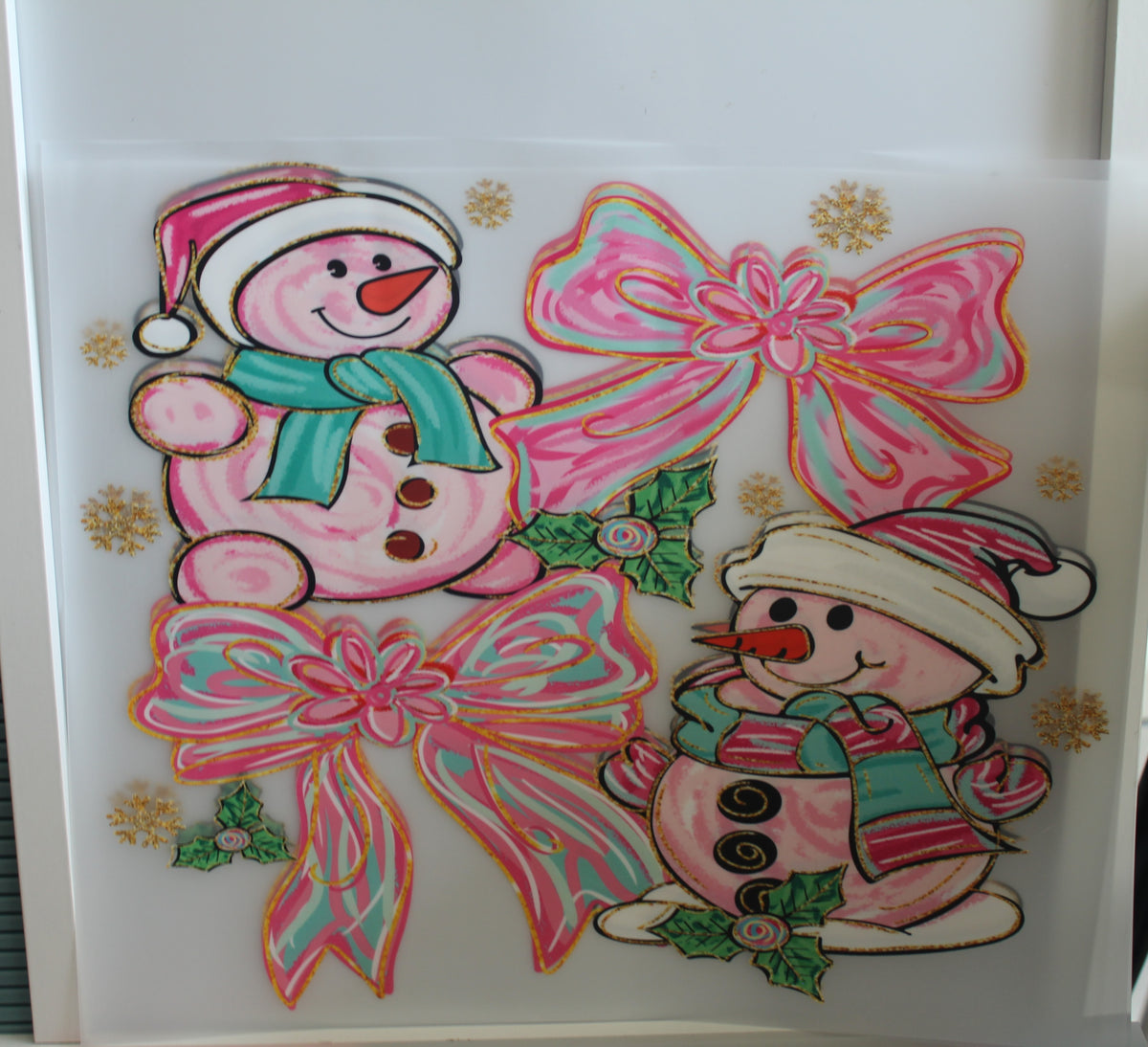 2 Pink Snowmen with bows